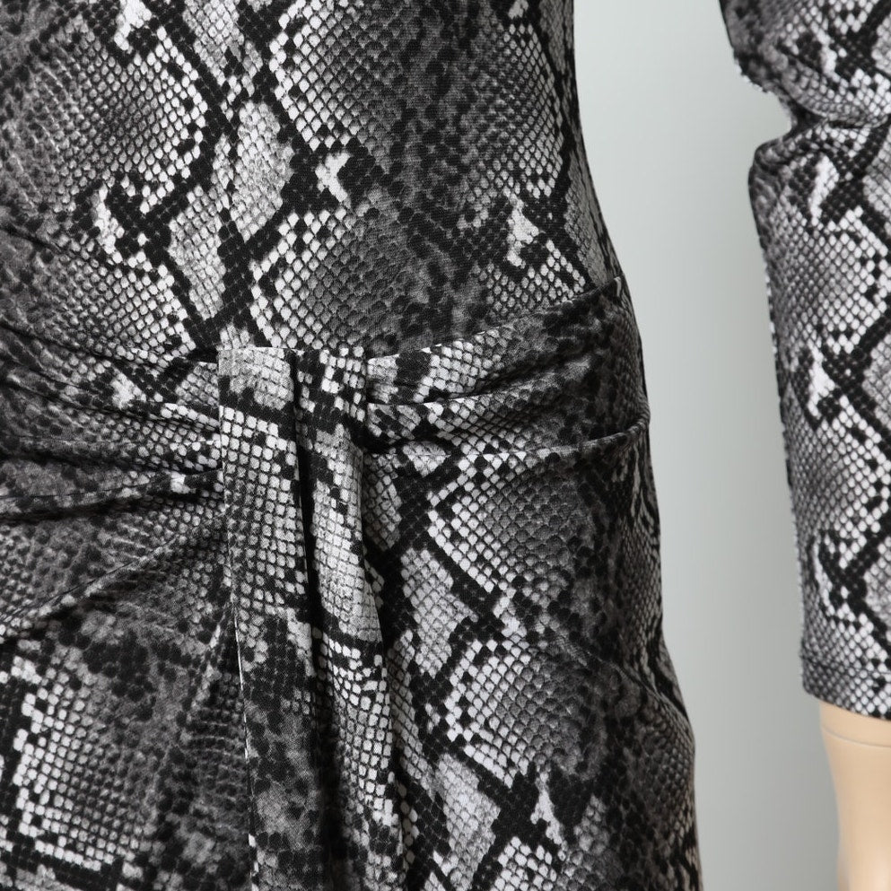 MICHAEL KORS Black Gray Snakeskin Print Long Sleeve Ruched Dress