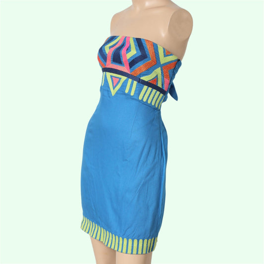 MARA HOFFMAN Blue Multicolor Printed Strapless Mini Dress