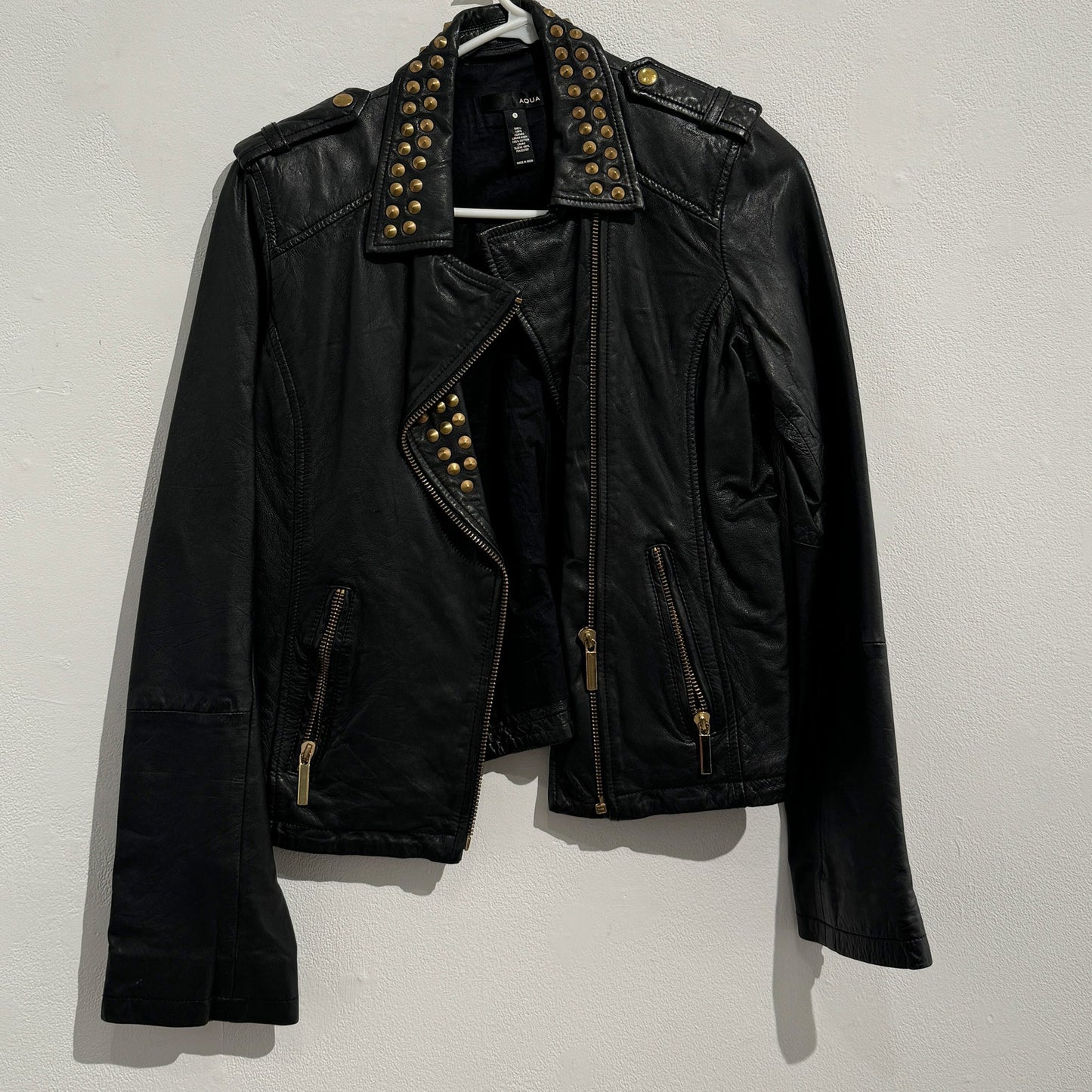 AQUA Leather Moto Jacket with Gold Studs