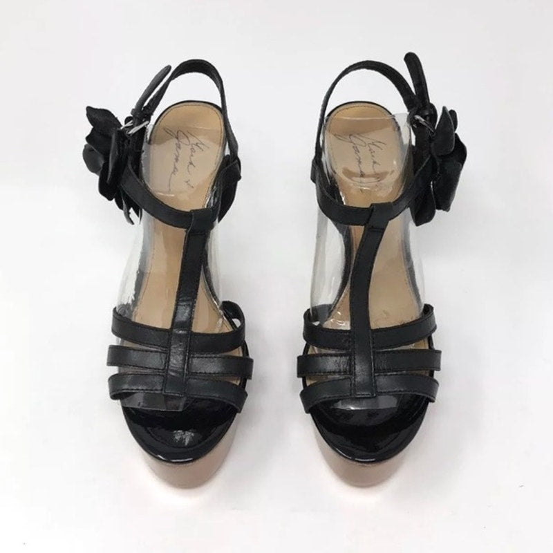 BADGLEY MISCHKA Black Leather Floral Wooden Platform Wedge Sandals