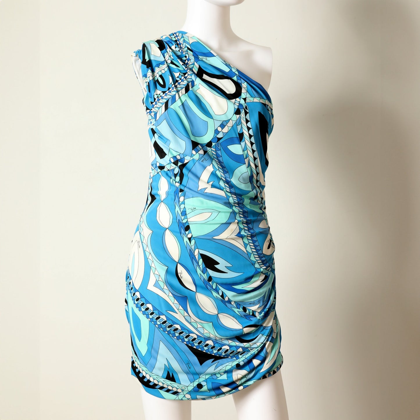 EMILIO PUCCI Blue, White, Turquoise Vintage One Shoulder Printed Dress