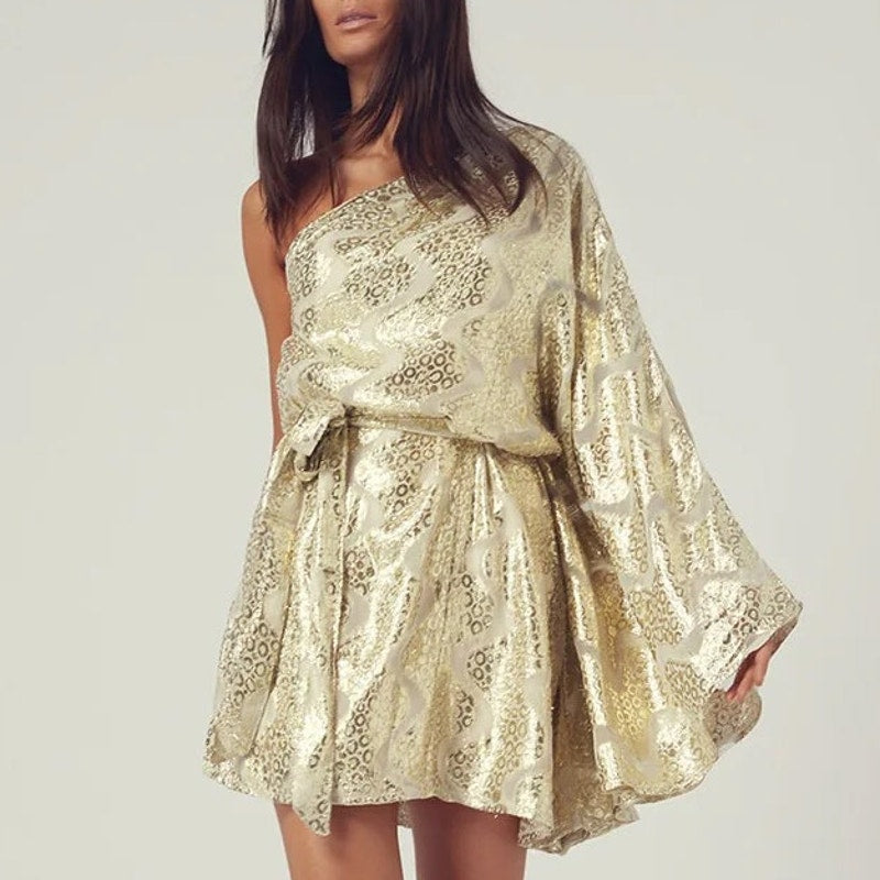 MELISSA ODABASH Gold Shimmer One Shoulder Belted Mini Dress