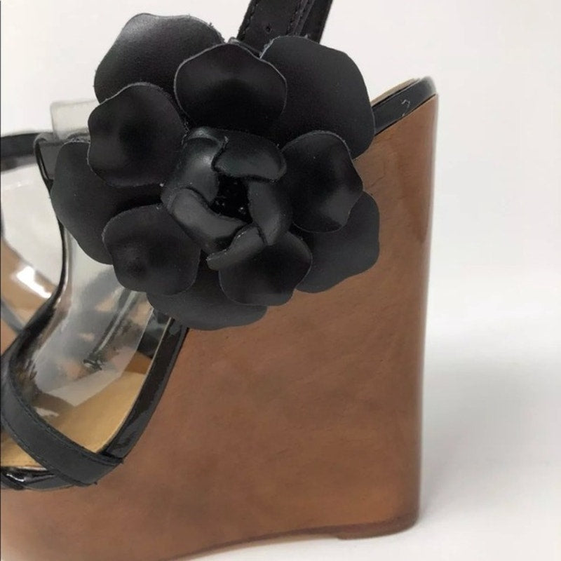 BADGLEY MISCHKA Black Leather Floral Wooden Platform Wedge Sandals