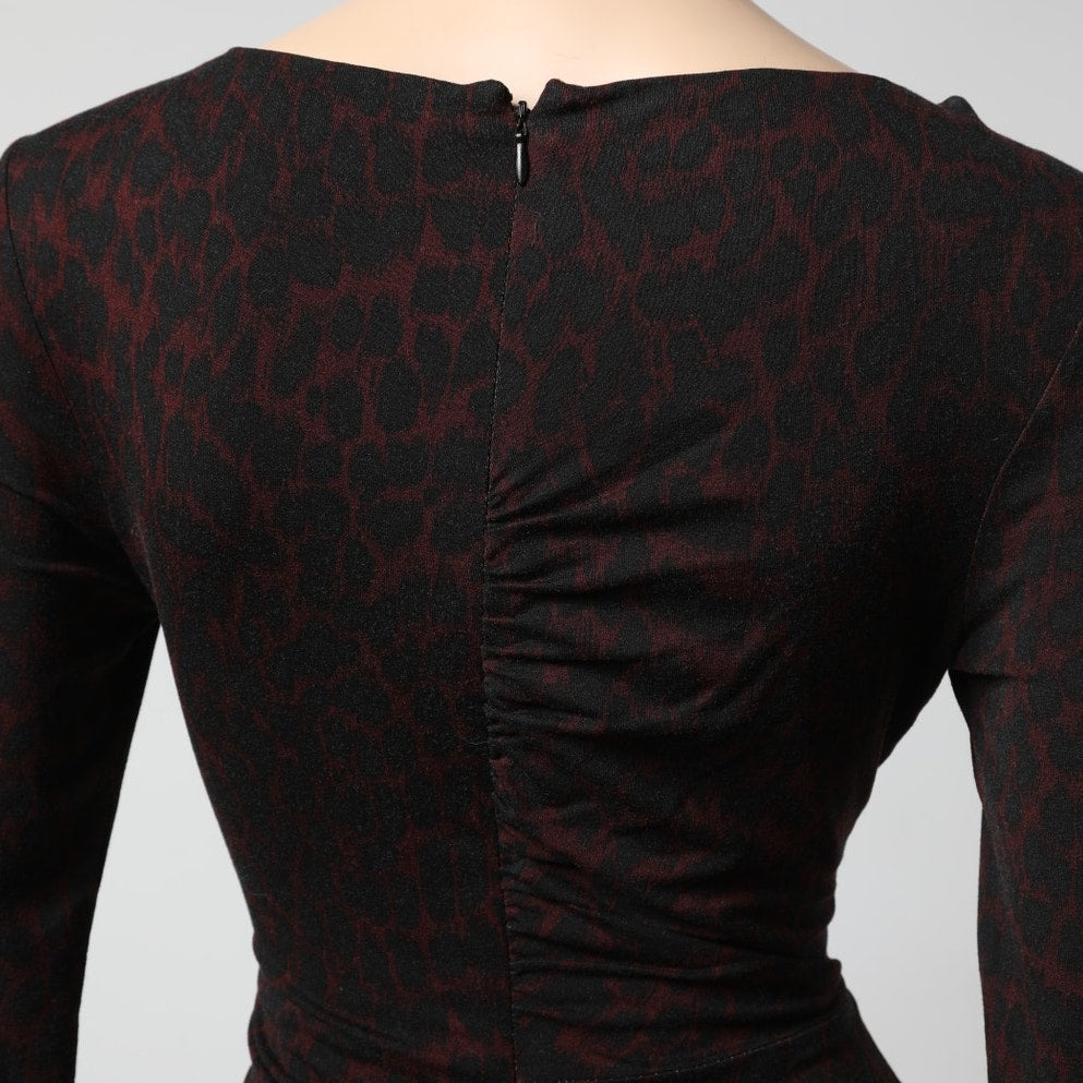 WHISTLES Black Red Cheetah Print Ruched Bodycon Dress