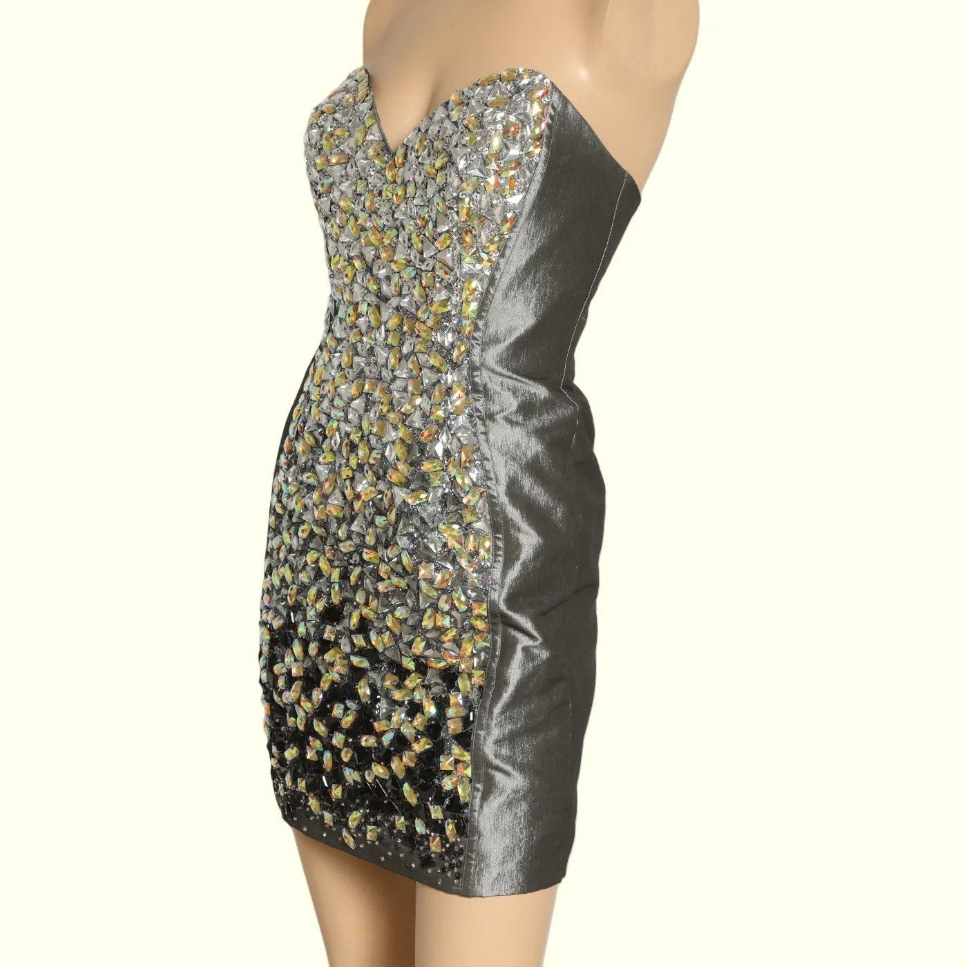JOVANI Gray Multicolor Crystal Embellished Strapless Mini Dress