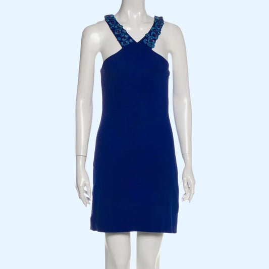 MATTHEW WILLIAMSON Blue Halter Mini Dress With Floral Embellishments