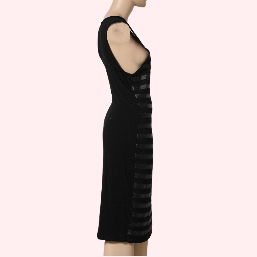 VINCE CAMUTO Black Sleeveless Midi Dress with Faux Leather Stripes