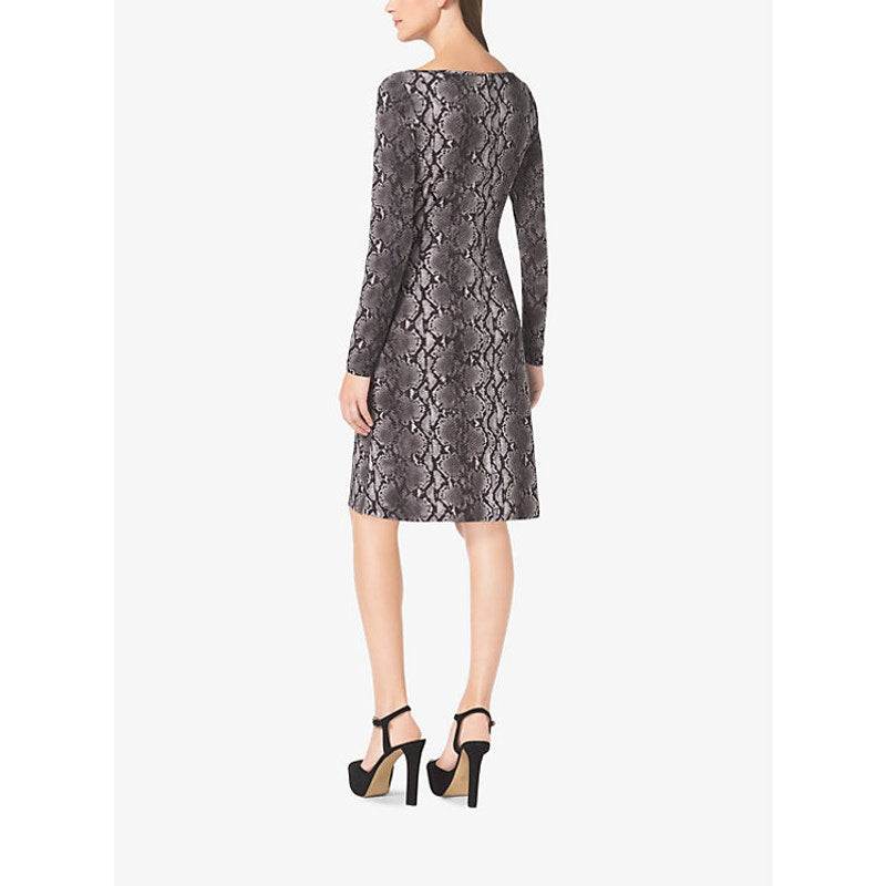 MICHAEL KORS Black Gray Snakeskin Print Long Sleeve Ruched Dress