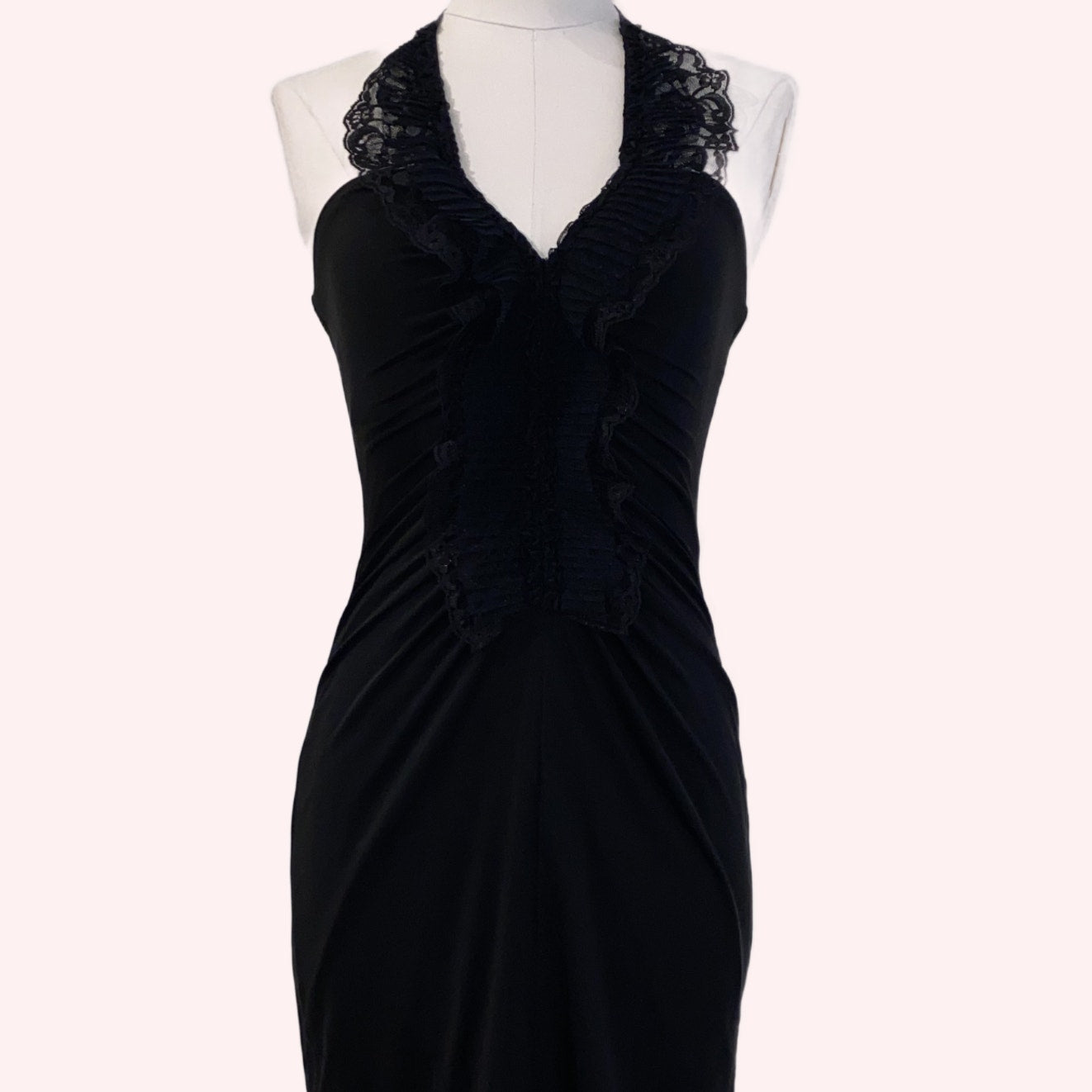 BCBGMAXAZRIA Vintage Black Halter Top Cocktail Dress with Lace Ruffles