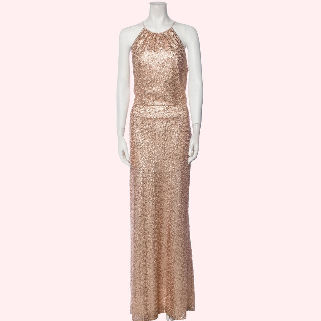 AMSALE Rose Gold Sequin Halterneck Maxi Evening Gown w/ Tags