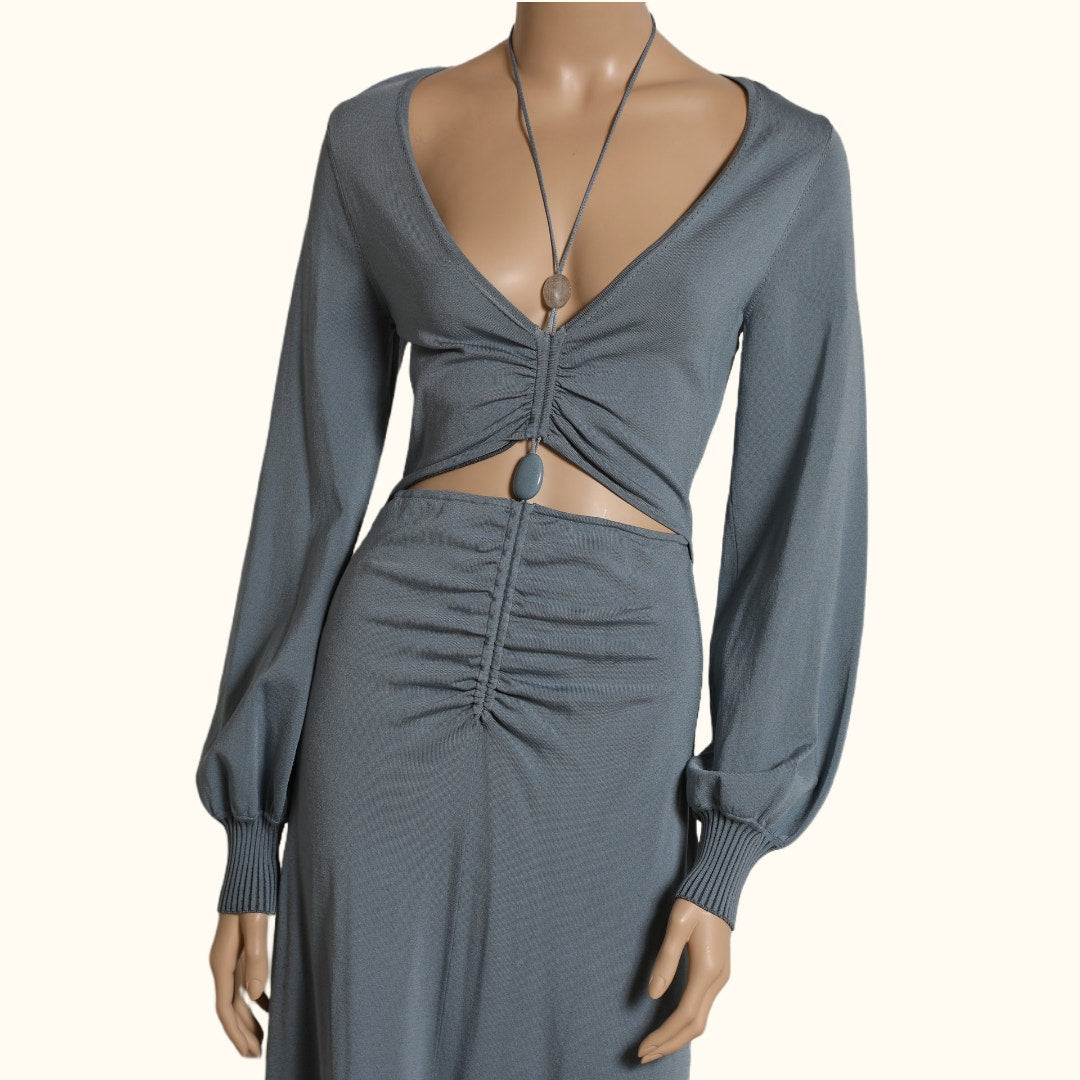 JONATHAN SIMKHAI Blue Slate Cut-Out Knit Maxi Inez Dress