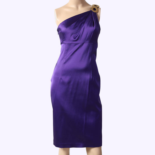 DAVID MEISTER Violet with Gold Embellished One Shoulder Knee Length Dress