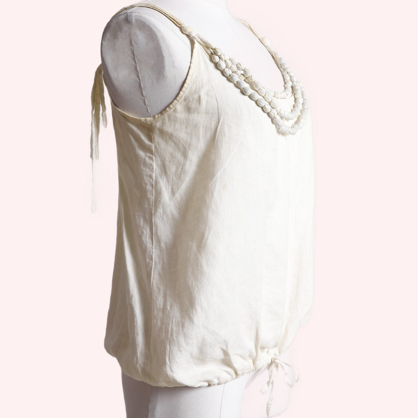 MORGAN Vintage Off White Cotton Pearl Embellished Bubble Hem Tank Top