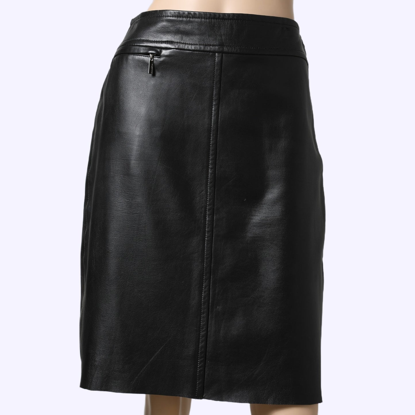 BCBGMAXAZRIA Vintage Black Leather Knee Length Pencil Skirt
