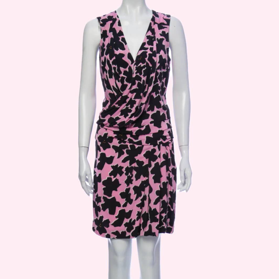 DIANE VON FURSTENBERG Pink and Black Printed Sleeveless Silk Dress