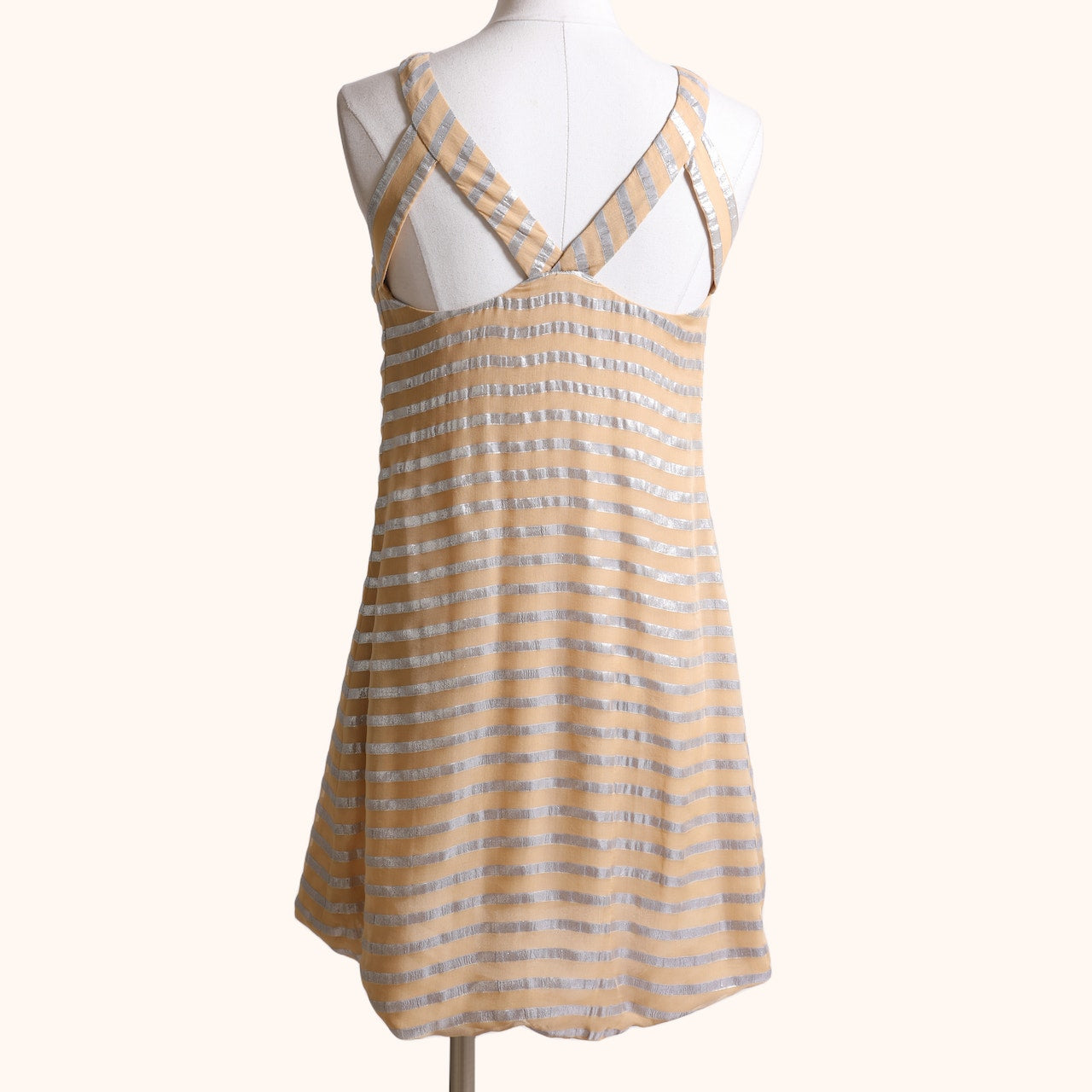 YIGAL AZROUËL Beige and Metallic Silver Striped Sleeveless Silk Dress