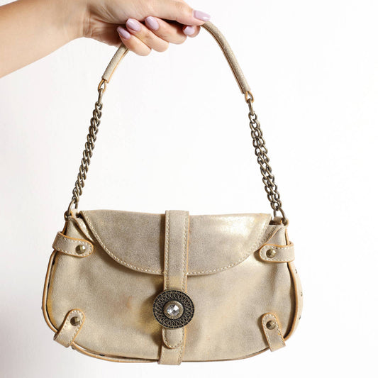 JUST CAVALLI Gold Metallic Leather Hand Bag with Chain Strap