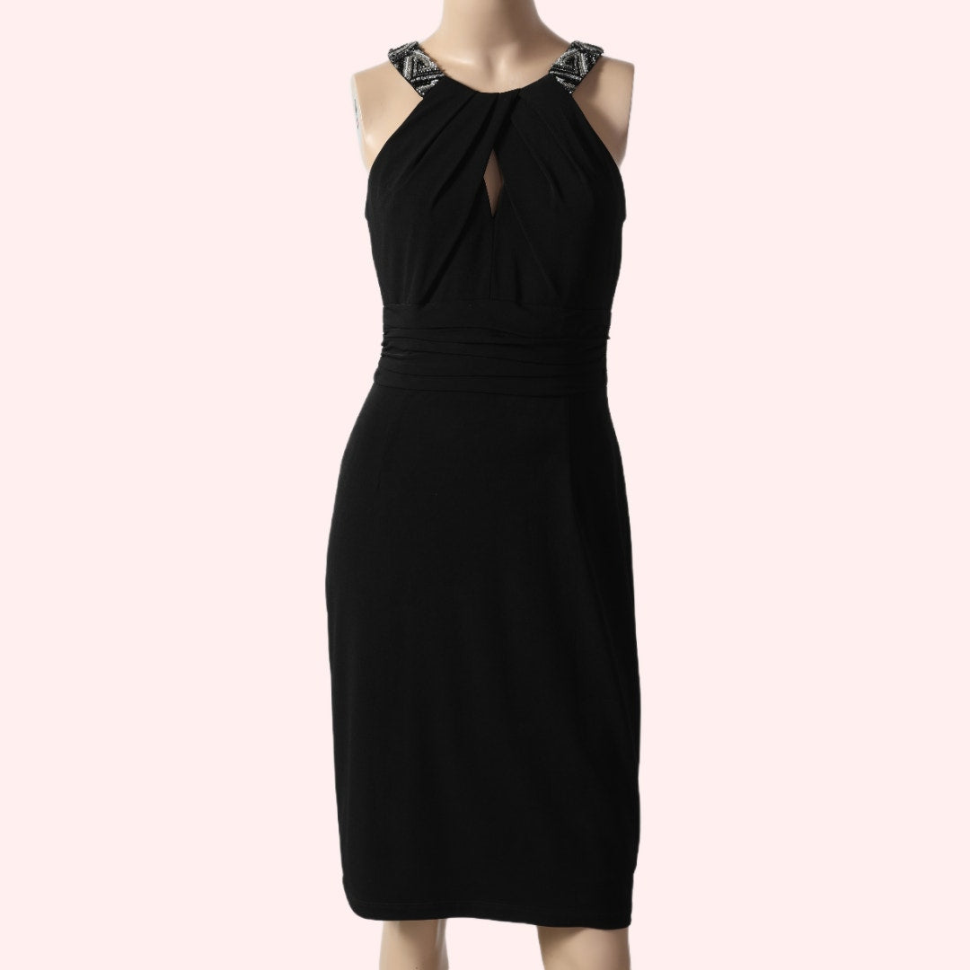 DAVID MEISTER Black Beaded Halter Sheath Dress