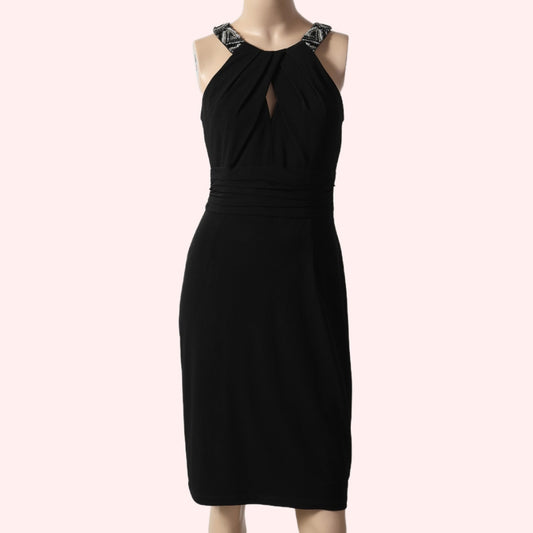 DAVID MEISTER Black Beaded Halter Sheath Dress