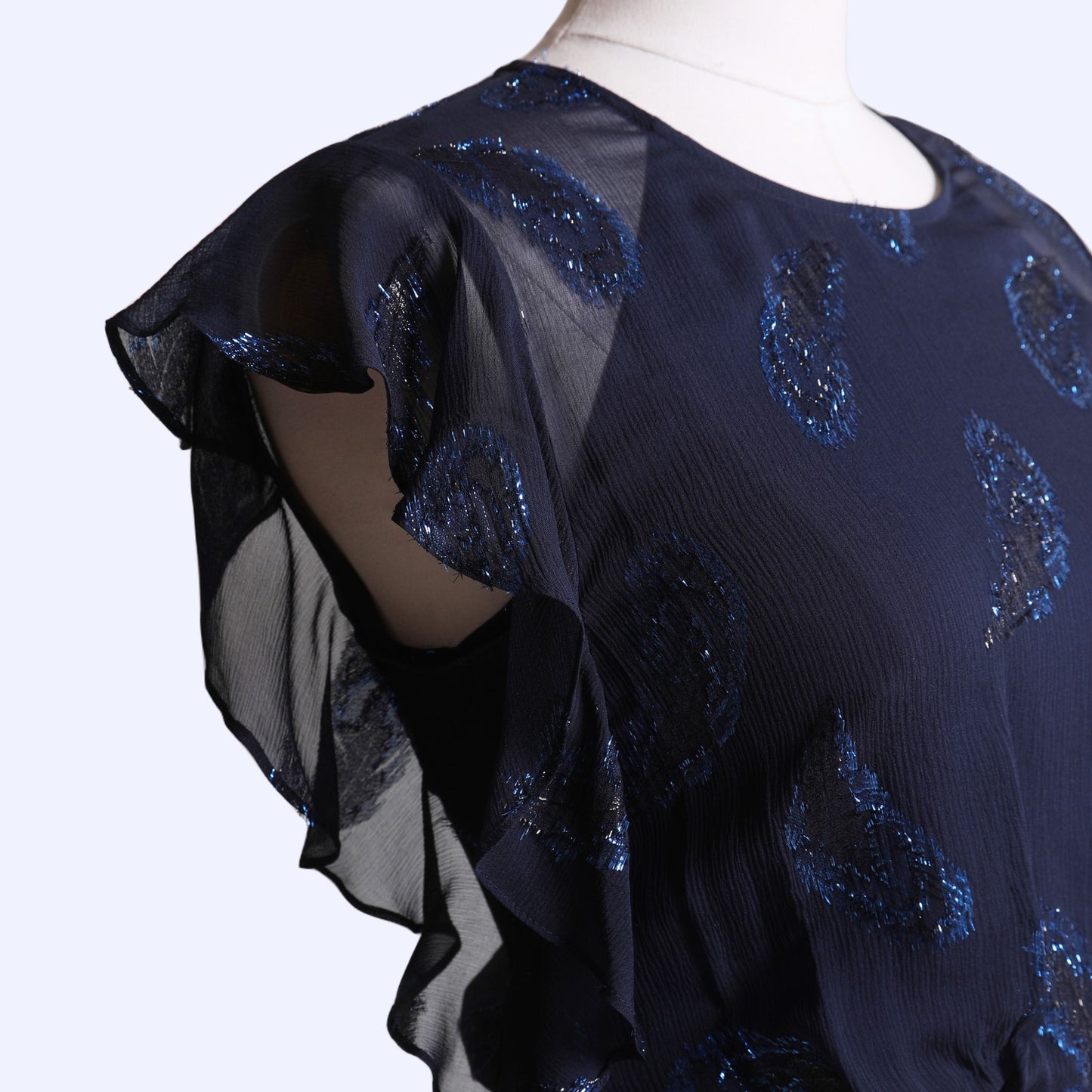BCBGMAXAZRIA Navy Blue Metallic Silk Flutter Sleeve Knee Length Dress