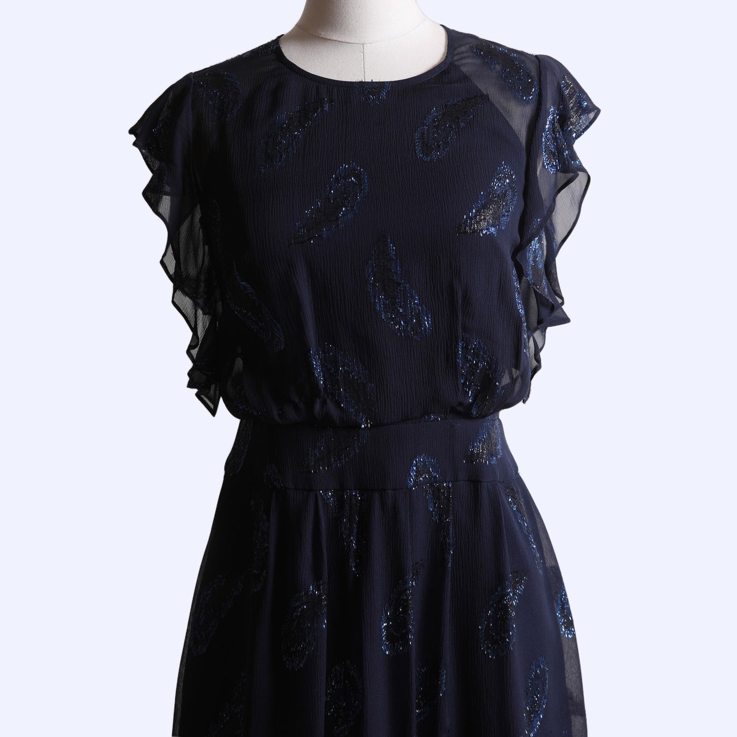BCBGMAXAZRIA Navy Blue Metallic Silk Flutter Sleeve Knee Length Dress