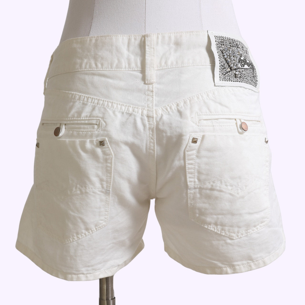 REPLAY White Linen Blend Denim Shorts