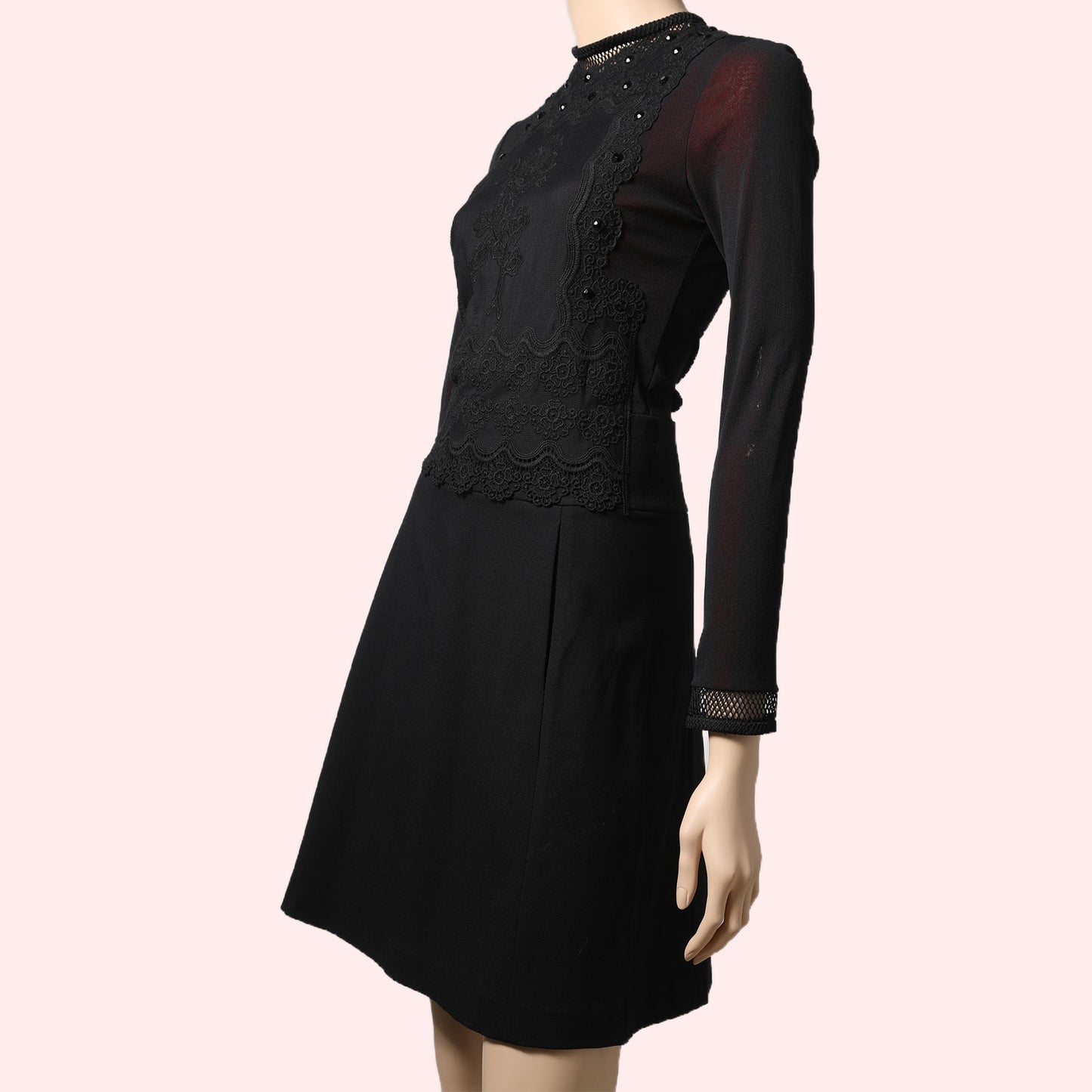 VIVIENNE TAM Black and Red Mesh and Lace Embroidered Long Sleeve Dress