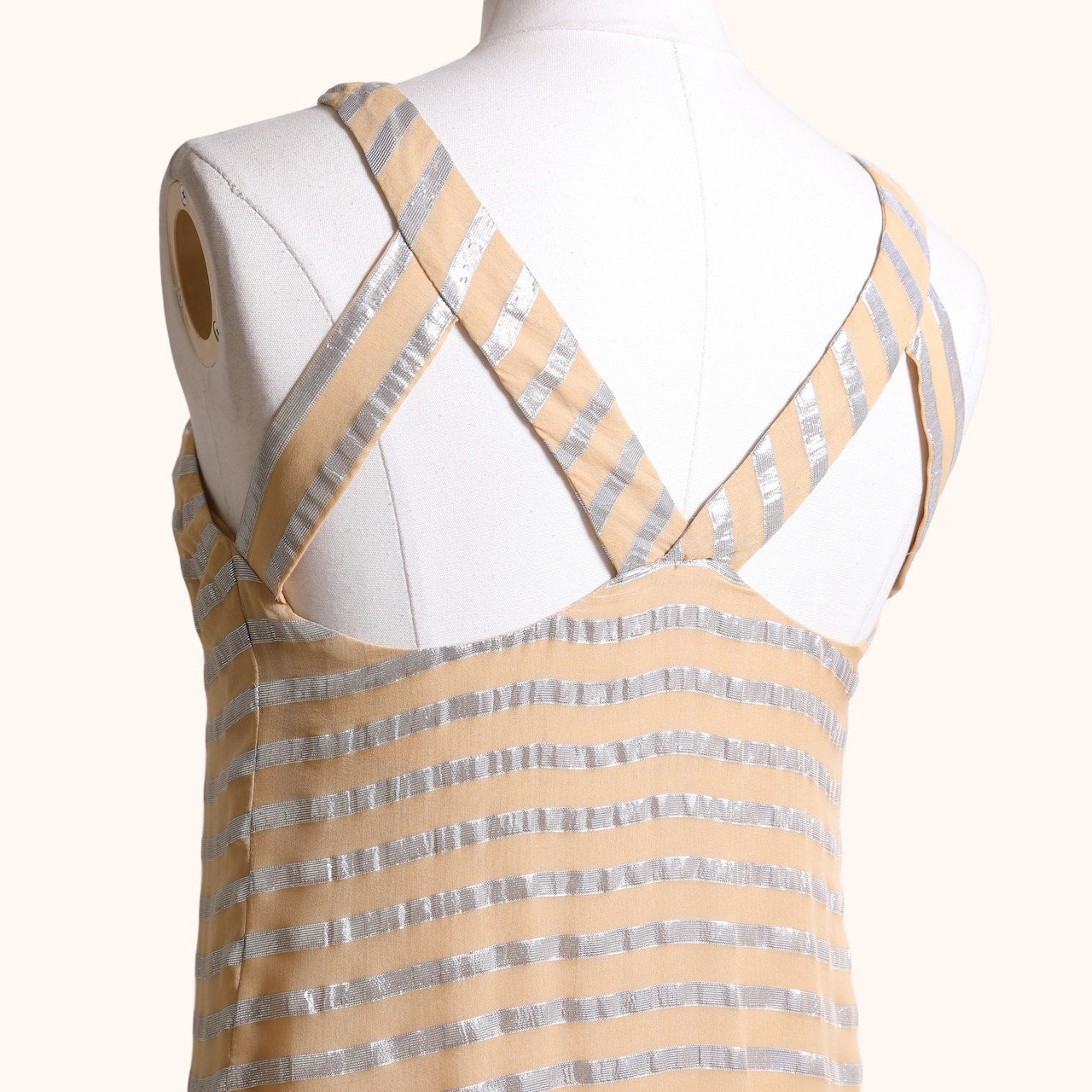 YIGAL AZROUËL Beige and Metallic Silver Striped Sleeveless Silk Dress