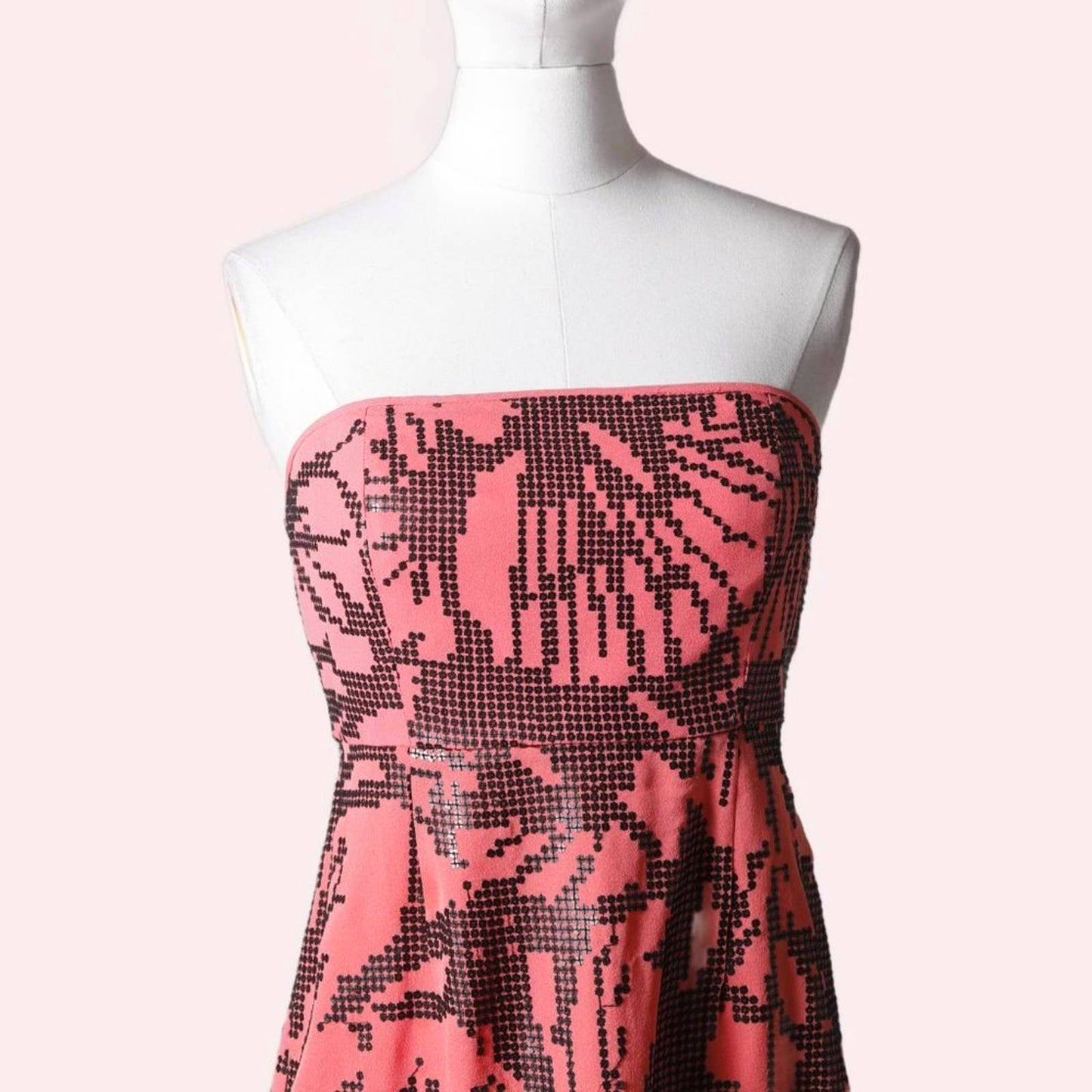 TIBI Pink with Black Sequins Strapless Silk Mini Dress