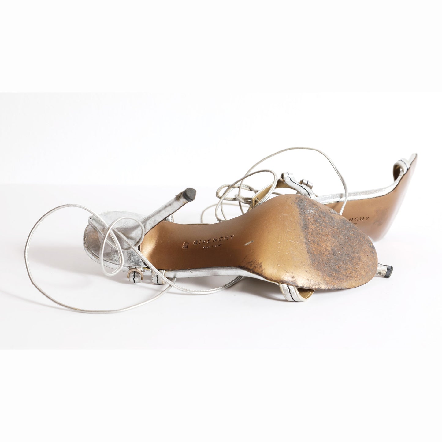 GIVENCHY Vintage Silver Lace-Up Strappy Leather Sandal Heels