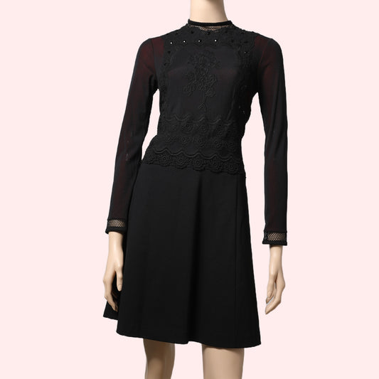 VIVIENNE TAM Black and Red Mesh and Lace Embroidered Long Sleeve Dress