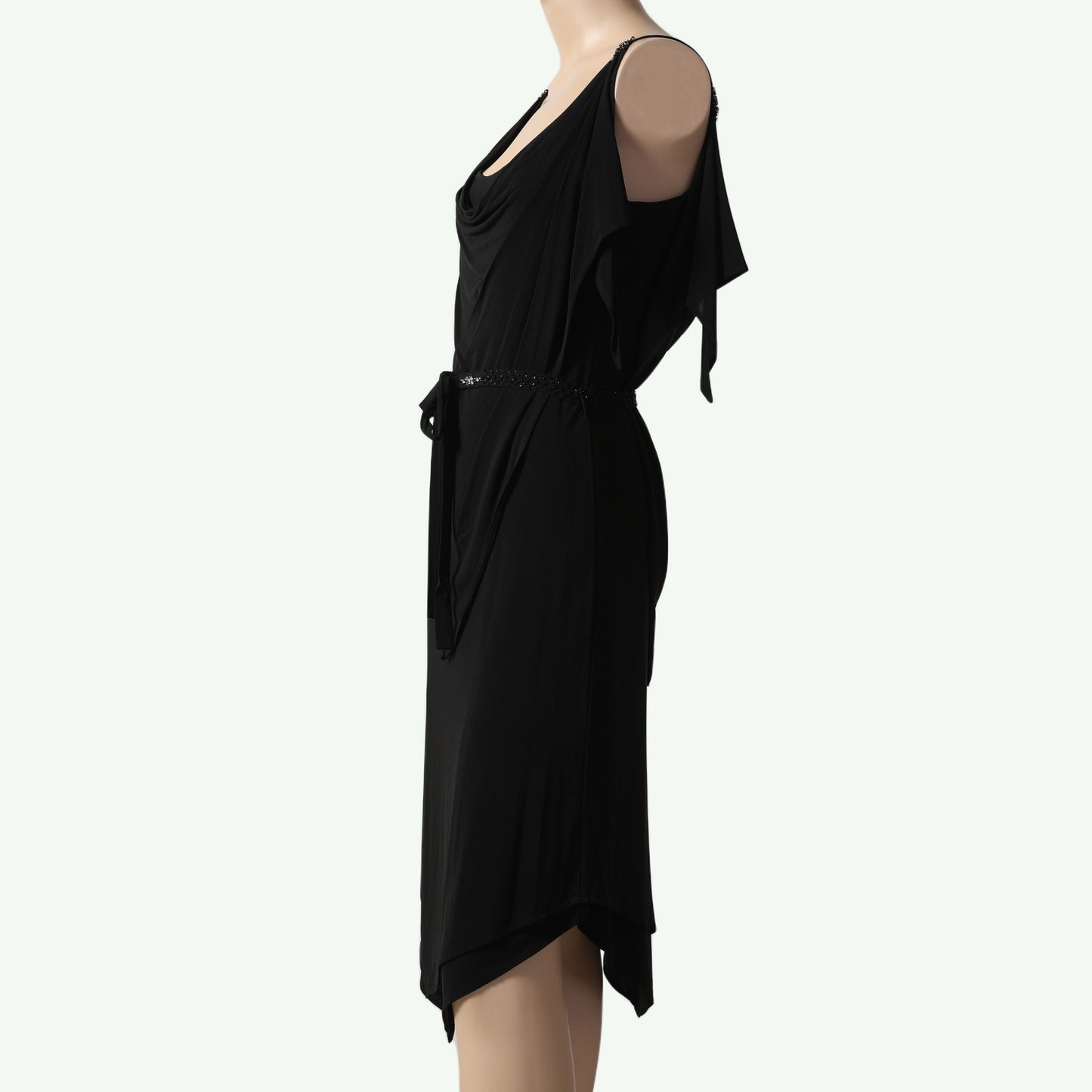 BCBGMAXAZRIA Vintage Black Draped Scoop Neck Asymmetrical Hem Knee Length Dress
