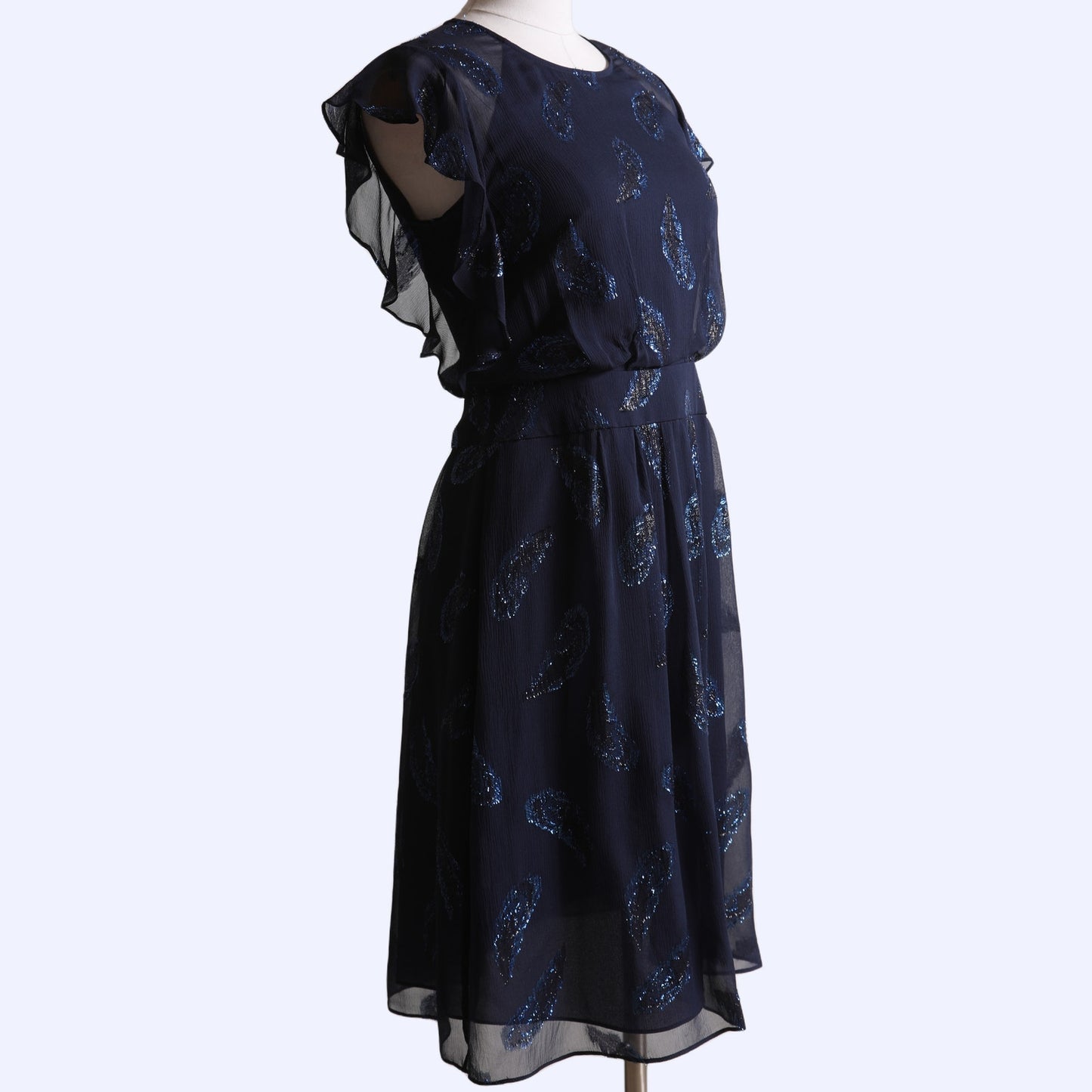 BCBGMAXAZRIA Navy Blue Metallic Silk Flutter Sleeve Knee Length Dress
