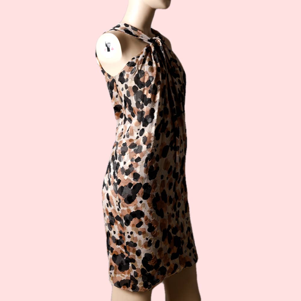 MOSCHINO Taupe with Black and Brown Animal Printed Halter Silk Dress