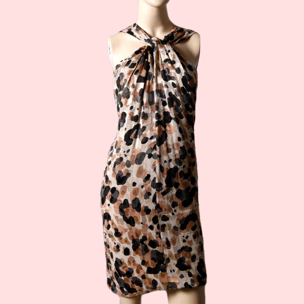 MOSCHINO Taupe with Black and Brown Animal Printed Halter Silk Dress