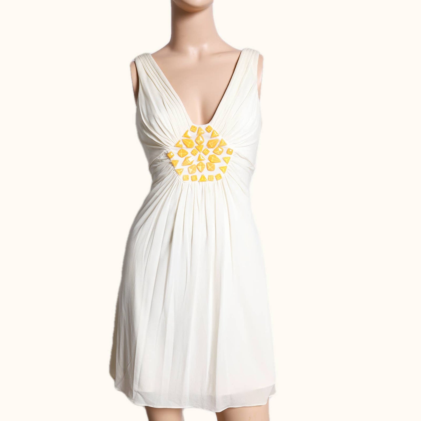 BCBGMAXAZRIA White with Yellow Embellishments Sleeveless Dress