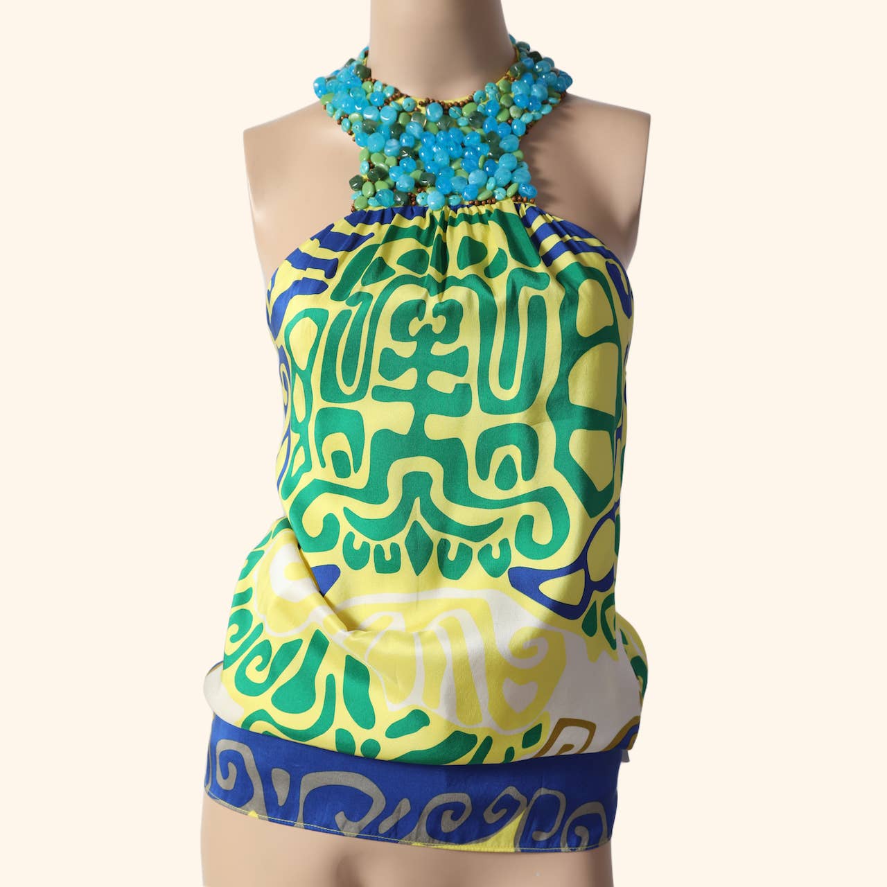 TIBI Multicolor Beaded + Embellished Print Silk Halter Top