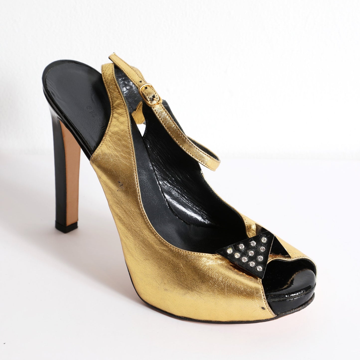 GEORGINA GOODMAN Vintage Gold Leather Slingback Platform Heels With Crystal