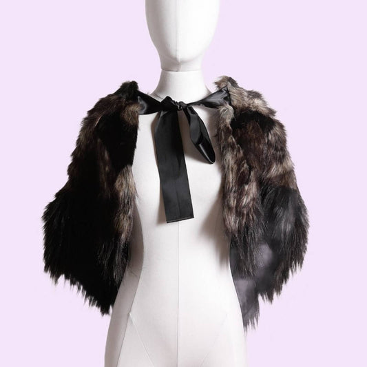 VINTAGE Brown and Black with Black Satin Ribbon Tie Front Faux Fur Cape