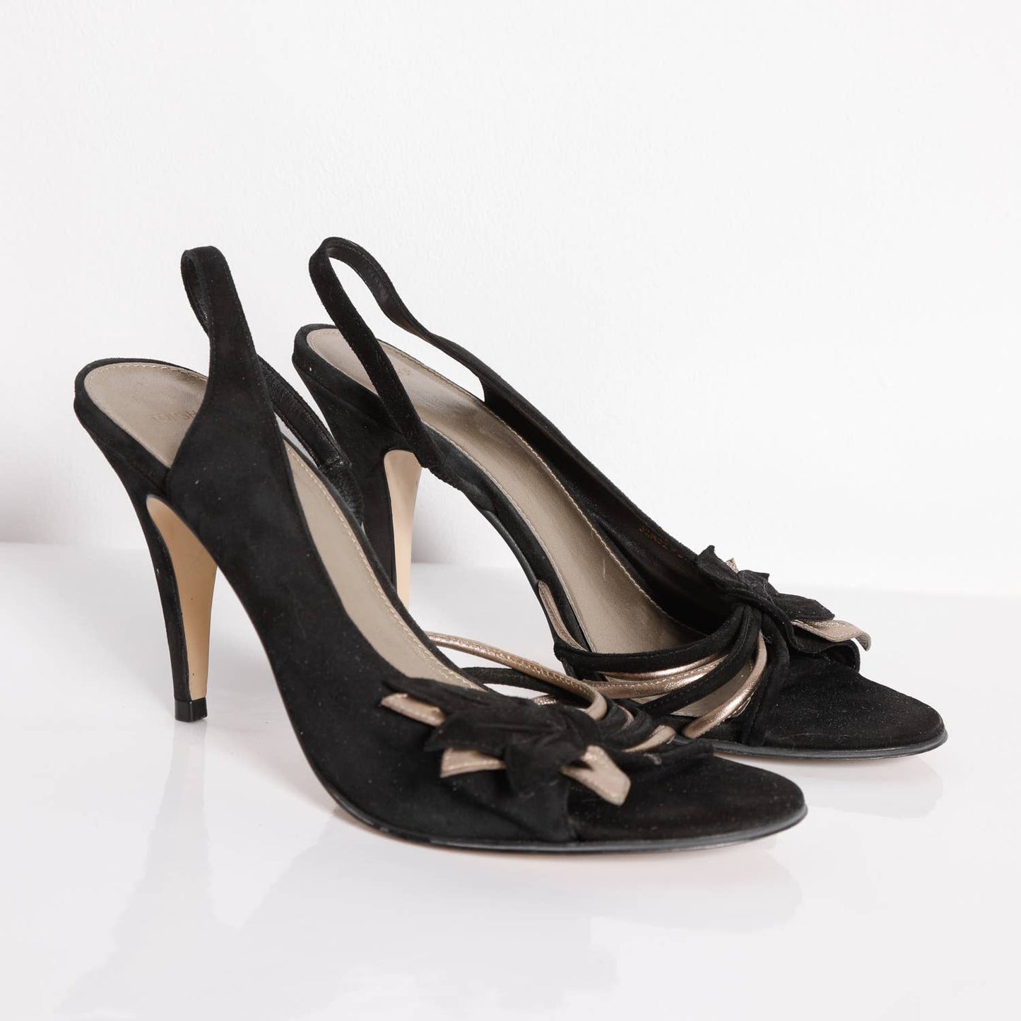 TOPSHOP Vintage Black Suede and Metallic Gold Kitten Heels