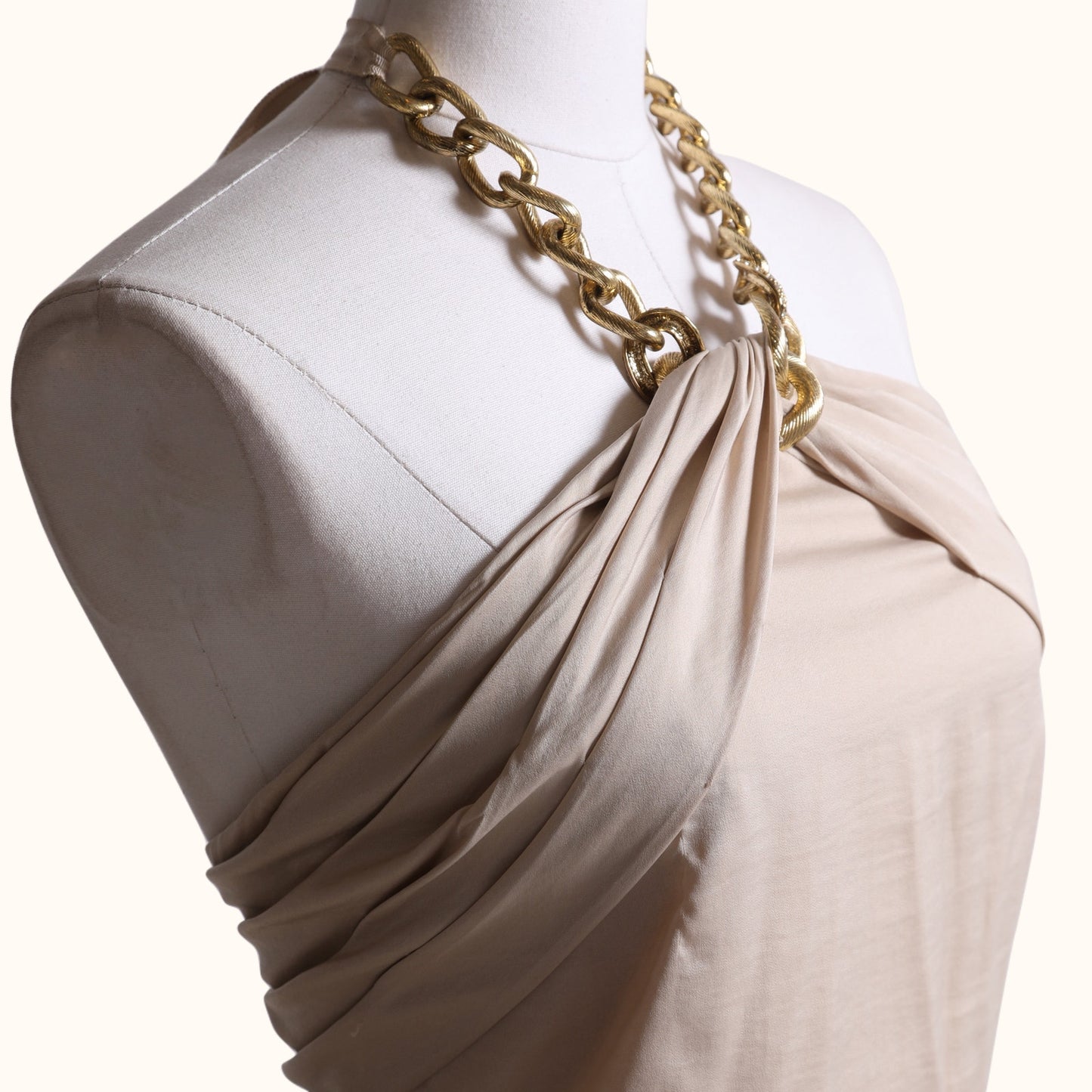 BCBGMAXAZRIA Vintage Beige Satin Gold Chain Halter Mini Dress