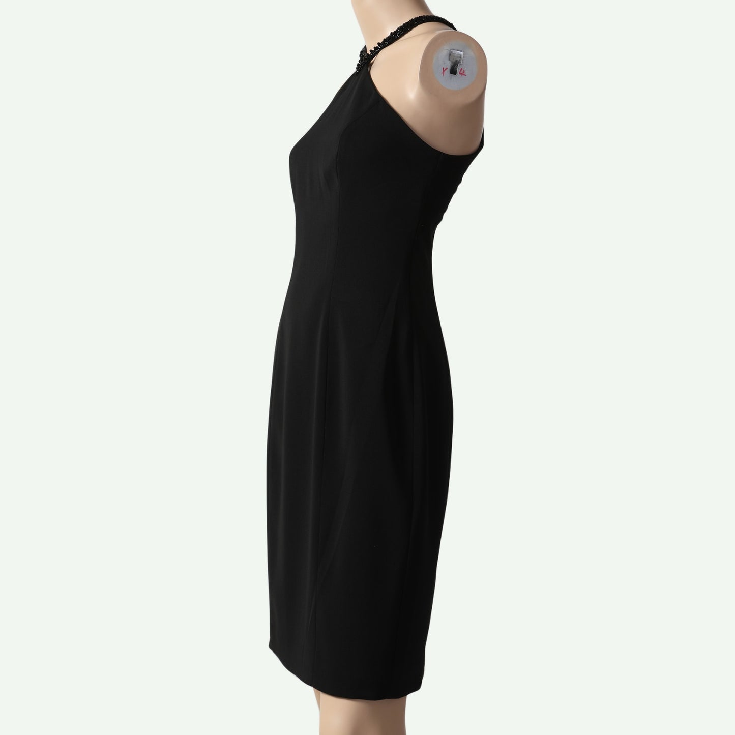 CARMEN MARC VALVO Black Beaded Crossover Halter Sheath Dress