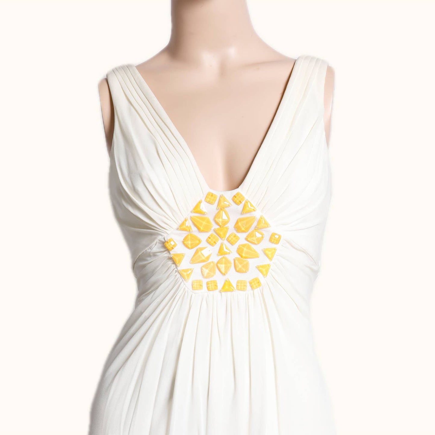 BCBGMAXAZRIA White with Yellow Embellishments Sleeveless Dress