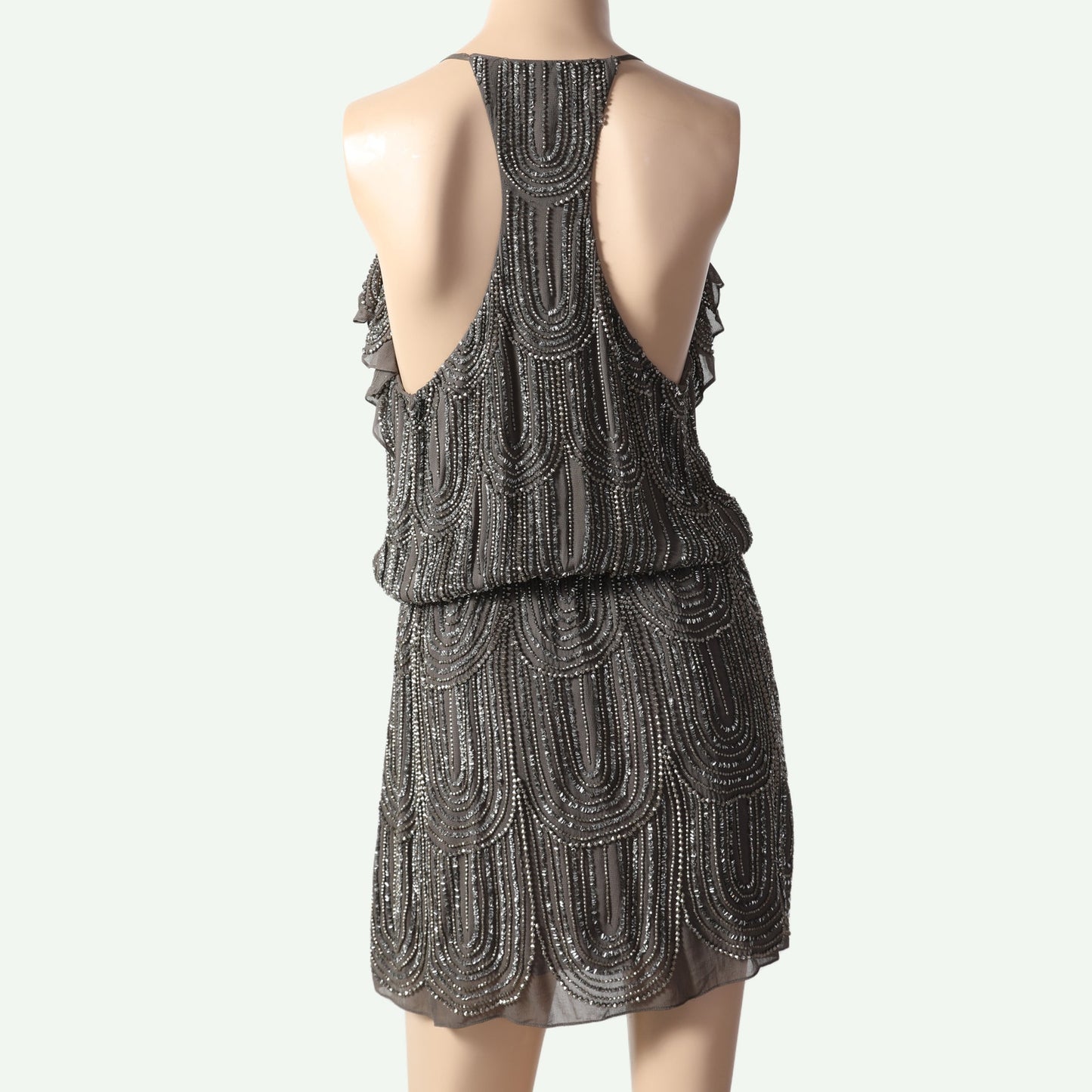 BOYOD Gray Silver Beaded Ruffle Blouson Mini Dress