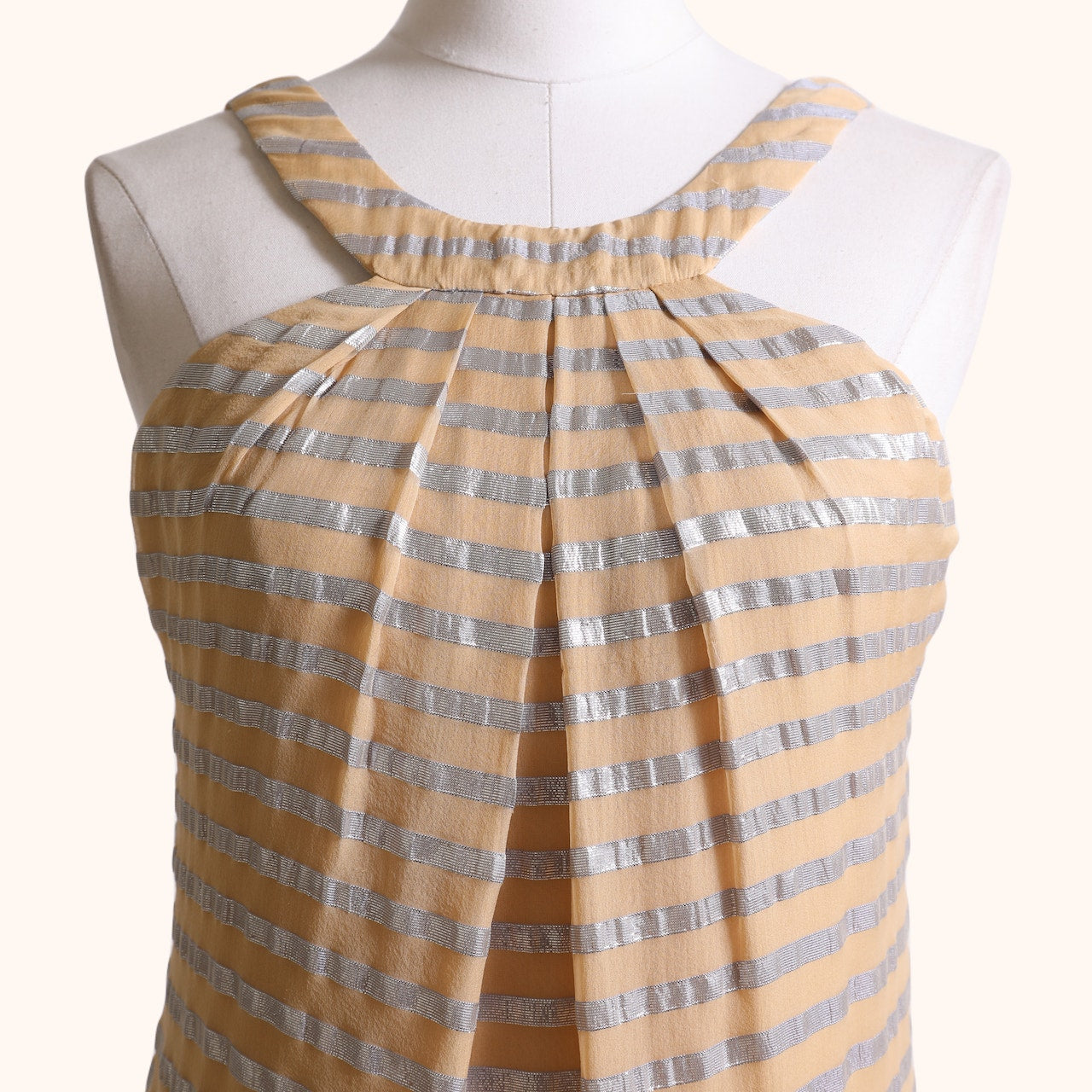 YIGAL AZROUËL Beige and Metallic Silver Striped Sleeveless Silk Dress