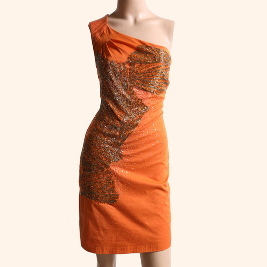 BADGLEY MISCHKA Orange Beaded One Shoulder Mini Dress with Sequins