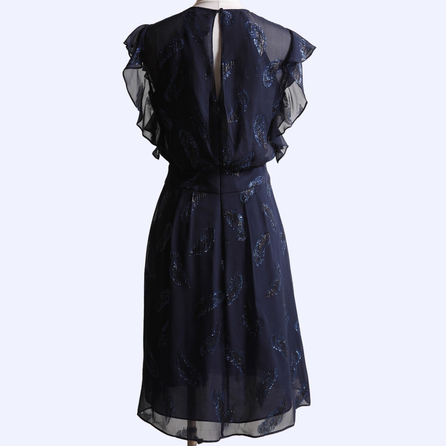 BCBGMAXAZRIA Navy Blue Metallic Silk Flutter Sleeve Knee Length Dress