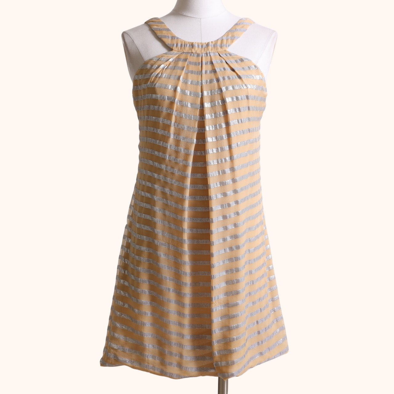 YIGAL AZROUËL Beige and Metallic Silver Striped Sleeveless Silk Dress