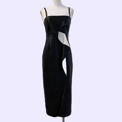 FRENCH CONNECTION Black and White Faux Leather Ruffled Sleeveless Midi –  The Untitled Boutique