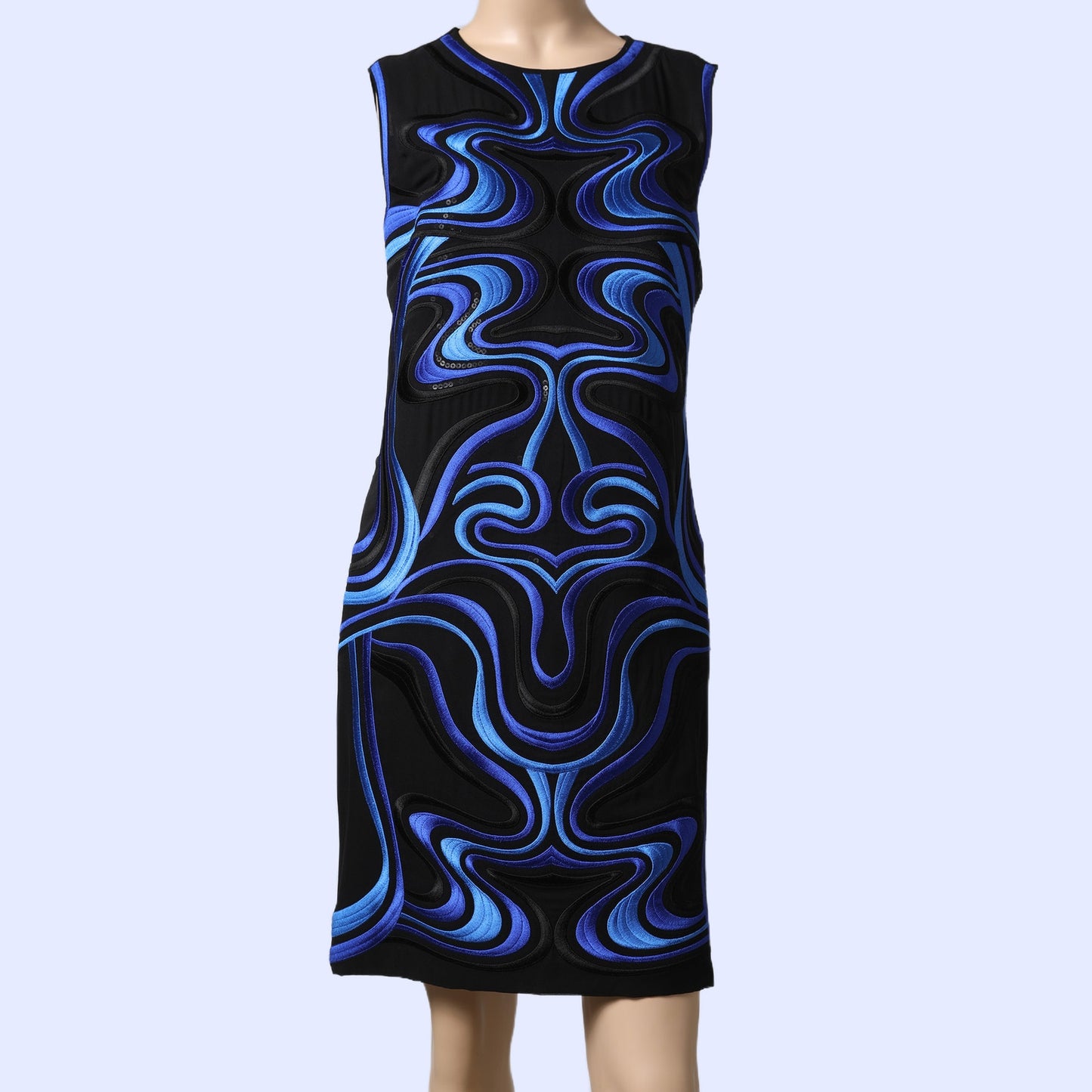DIANE VON FURSTENBERG Black & Blue Abstract Embroidered Sleeveless Sheath Dress